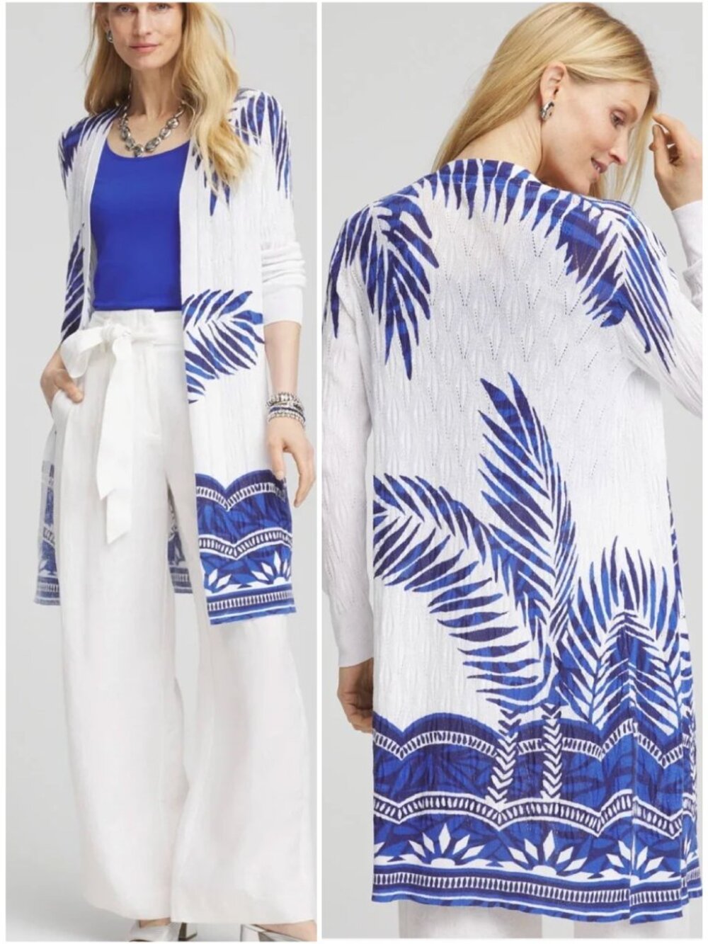 Chico's XL Island Motif Pointelle Longline Open Front Cardigan